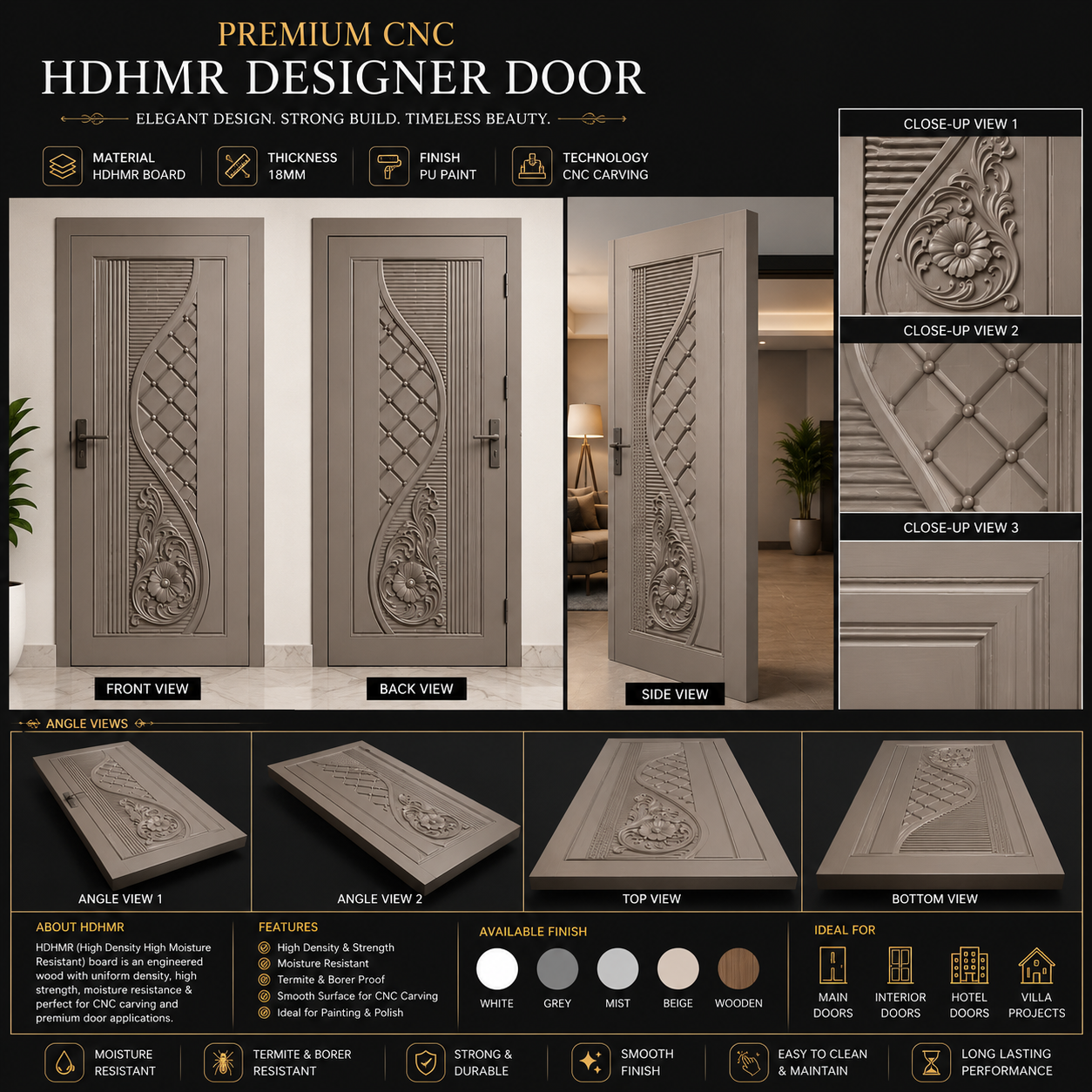 Premium CNC HDHMR Designer Door – Modern Decorative Carved Door