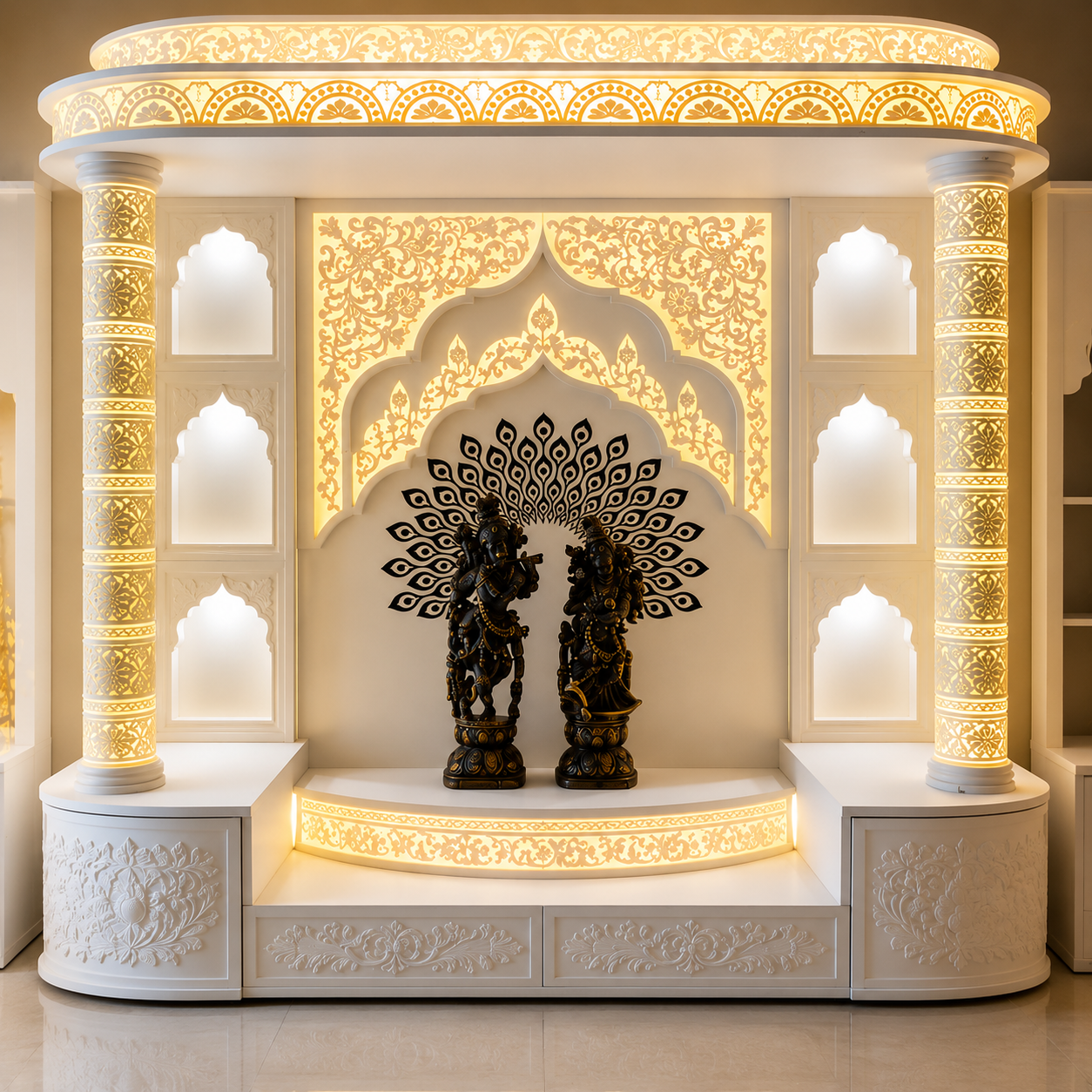 Luxury Corian Mandir with LED Backlit CNC Design – Premium Home Temple